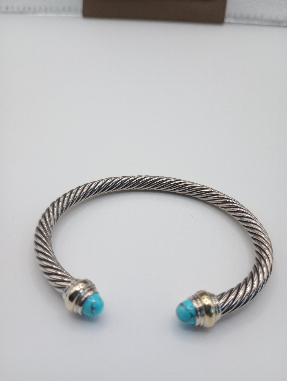 David Yurman 5 mm Silver Cable Cuff with Turquoise and Gold Accents - Picture 4 of 12